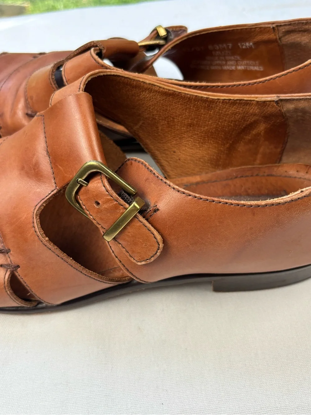 Bass Muzi Loafers British Tan Men’s Size 12 Leather Monk Strap Sandals w/Buckle